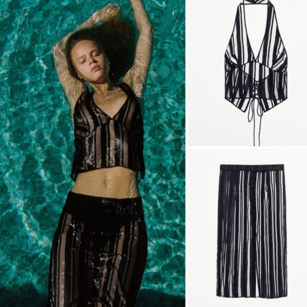 Zara Black and White Striped Halter Top and Skirt Set